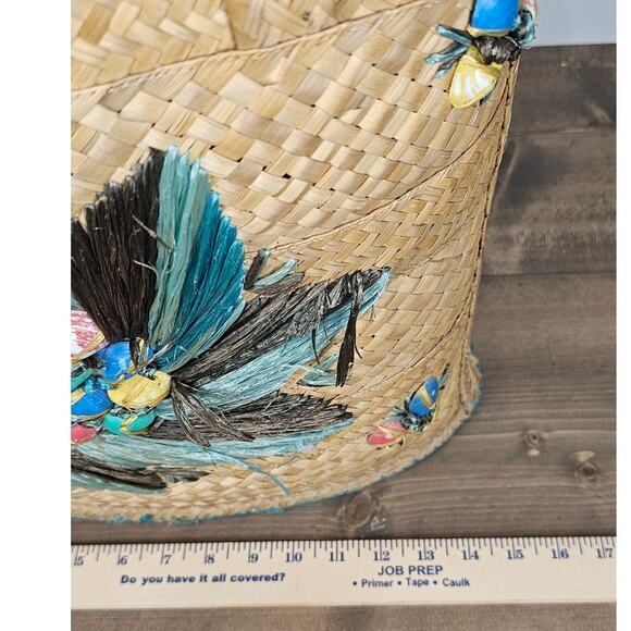 VTG 50s or 60s woven beach bag flat bottom rope handle some frays inside stains - Picture 10 of 11